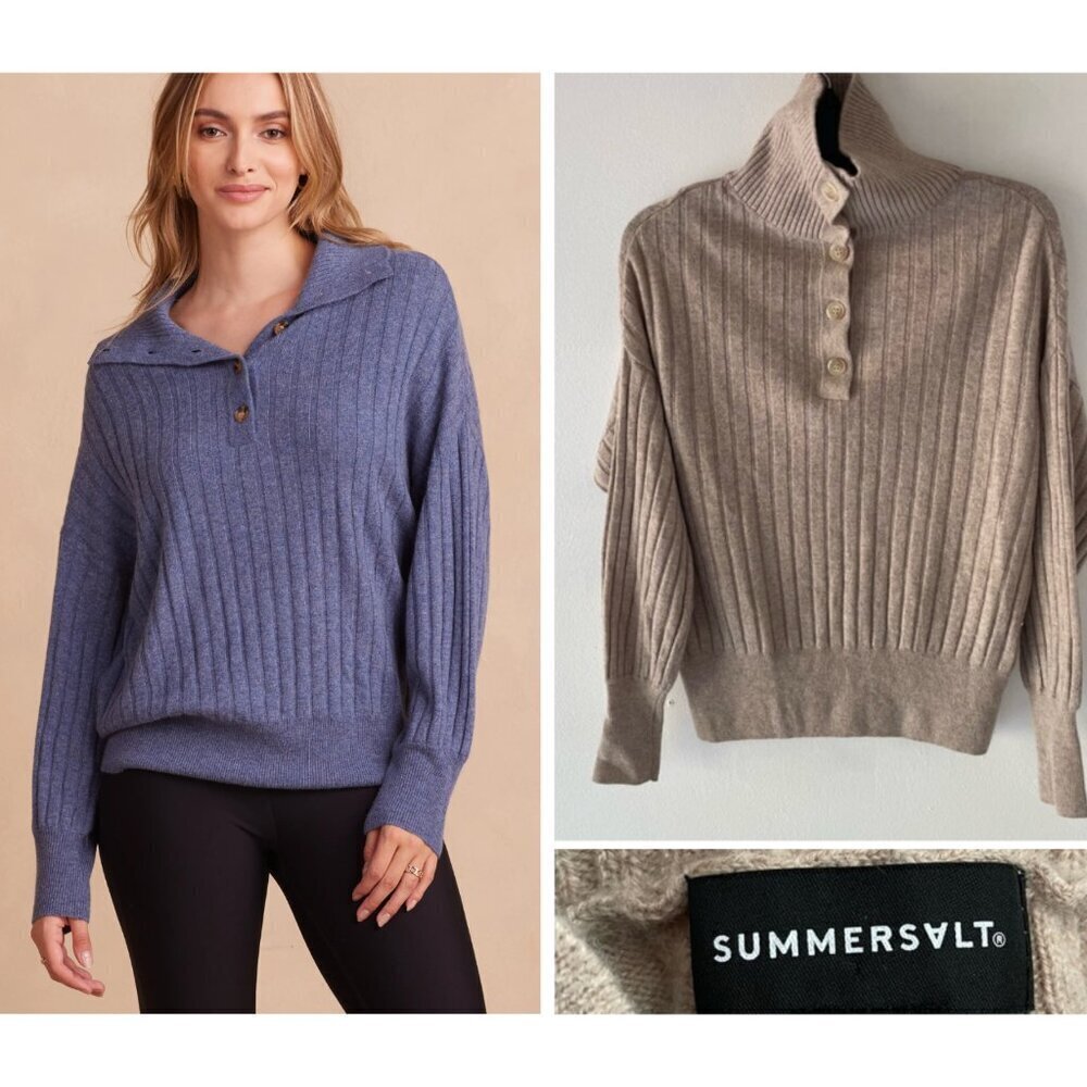Summersalt Toffee Coziest Cashmere Blend Half Button Henley Sweater 37724